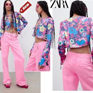 ZARA fuchsia satin effect printed crop top floral flowers S NWT